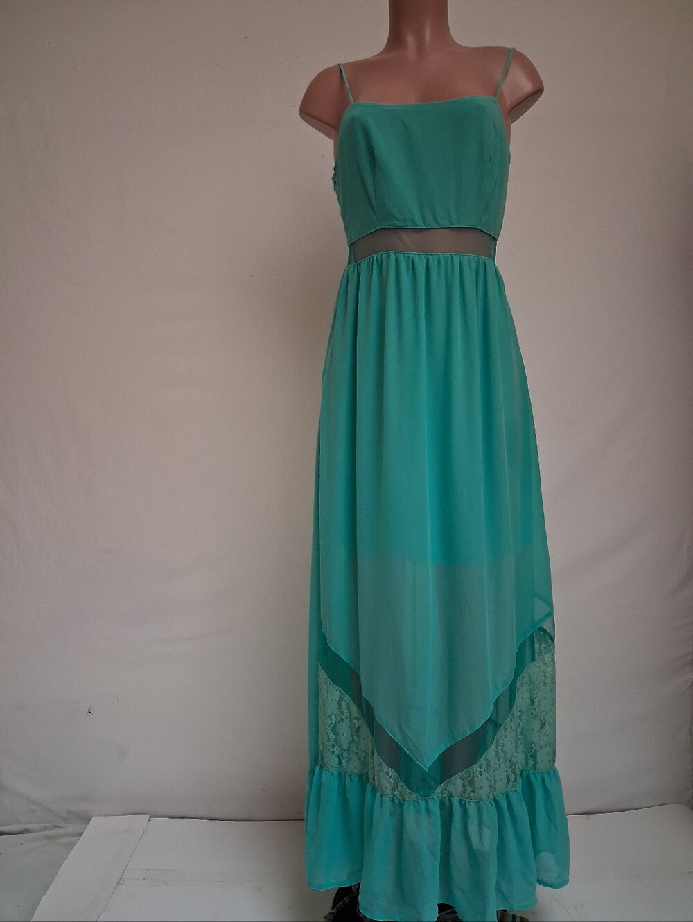 Shasa Chiffon Mint Green Maxi Dress Med Sheer Waist Lace Detail S